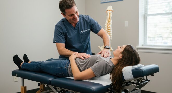 Chiropractor adjusting womans spine in clinic