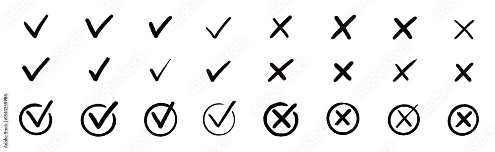 Poster Check tick mark icon set. Cross box x check mark checkbox v list vector draw hand drawn sketch doodle brush marker checklist symbol wrong right circle. Vector Illustration