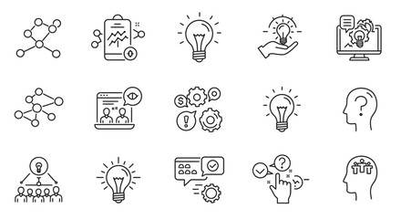 Creative thinking linear icons set representing idea generation and problem solving skills