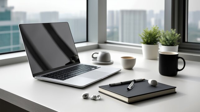Workspace features laptop notebook and coffee cup by window. AI generated