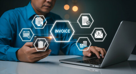 Virtual Billing and Payment Processing Solution. Invoice Software and Financial Icons ,Automated Online Invoice,E-Invoice Software System ,billing, finance, digital, software, fintech, automation .