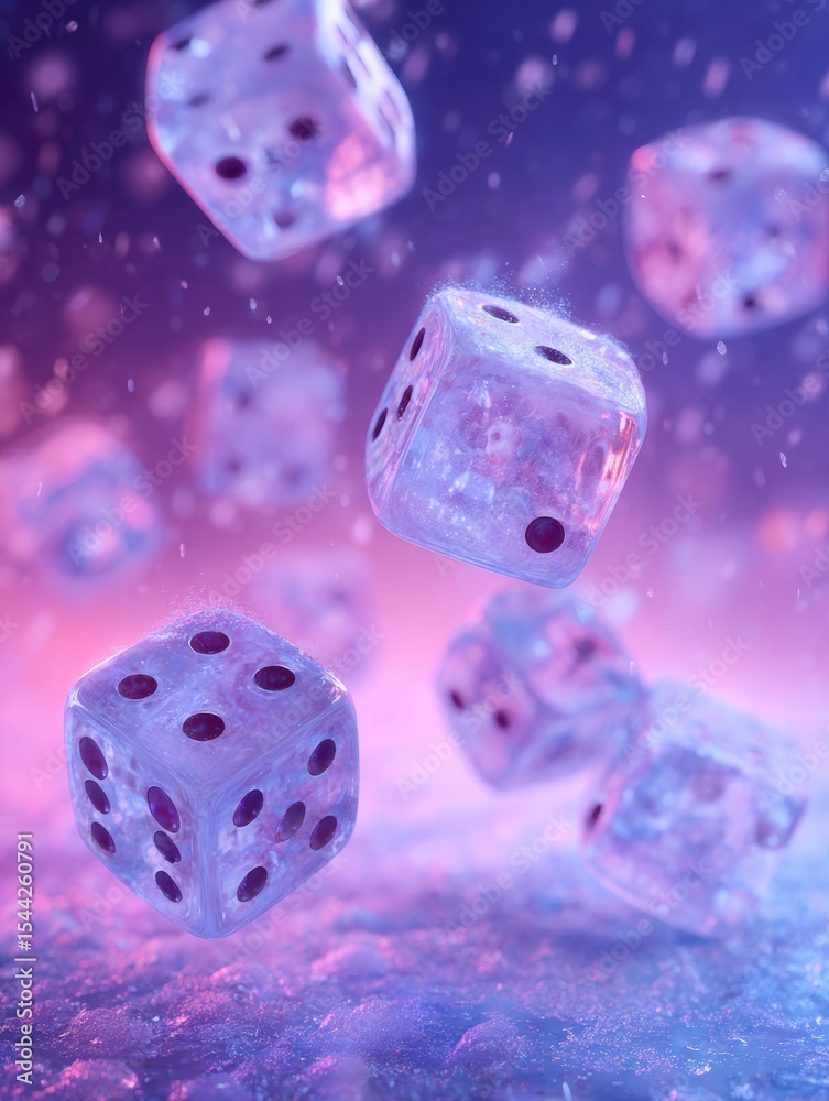 Poster Frozen Dice Mid-Roll in Slow Motion With a Vibrant Background and Free Upper Third Create a Captivating Visual Experience