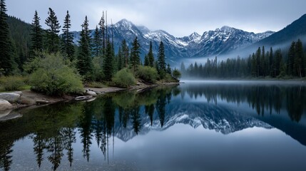 Serene lake reflects snow-capped mountain peaks and coniferous trees nature landscape. AI generated.