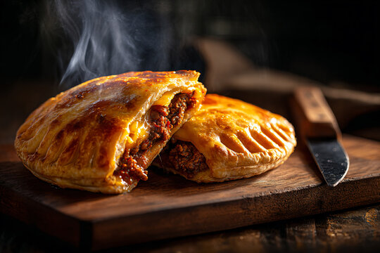 a meat pie with a knife on a cutting board