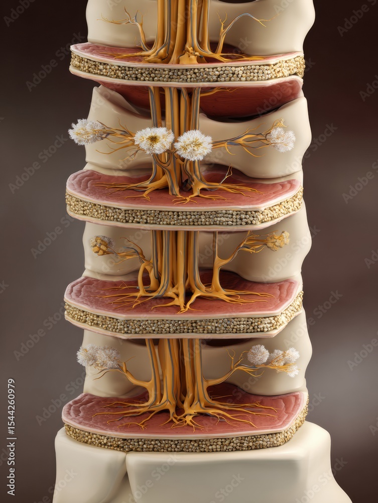 Poster Cross-section of the Human Spine Showcasing Nerve Clusters and Their Connections Within the Vertebrae Structure