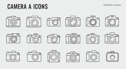 Diverse Camera Icon Set: Line Art Illustrations for Photography and Design Projects