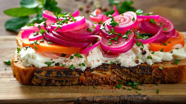 selective focus, root veggie sandwich with cream