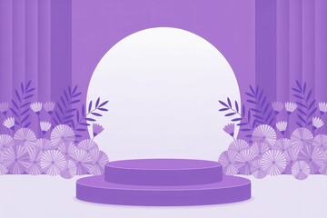 Elegant purple podium with floral background and white backdrop