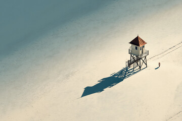 Minimal Top View of Beach and Lifeguard Tower Shadows on Clean Sand Horizon