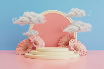 Pastel background podium poduim cloud three dimensional pink dais top product flower view cosmetic crystal display studio sky cream pedestal beauty blue racked scene render