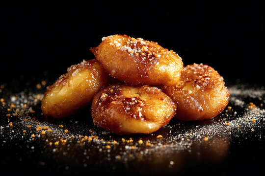 a pile of sugared donuts on a black surface