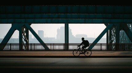 Silhouetted cyclist crosses steel trusses urban bridge with industrial skyline. AI generated