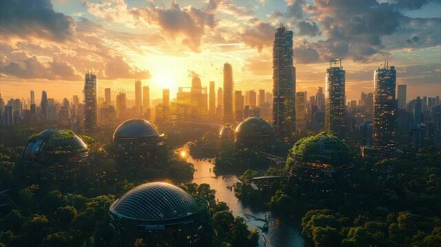 Futuristic city skyline at sunset, biodomes integrated with nature
