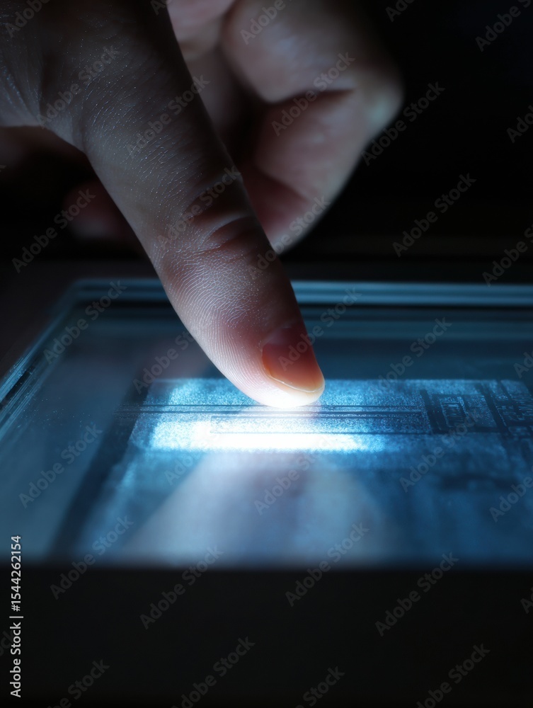 Poster Digital Scratch Card Glowing Brightly Under Finger Swipe, Revealing Details in a Darkened Setting for an Engaging User Experience