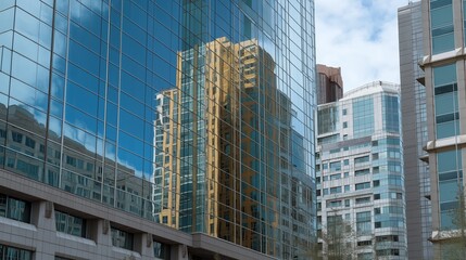 Obraz premium Skyscrapers reflection facade create geometric abstract pattern vertical lines. AI generated.