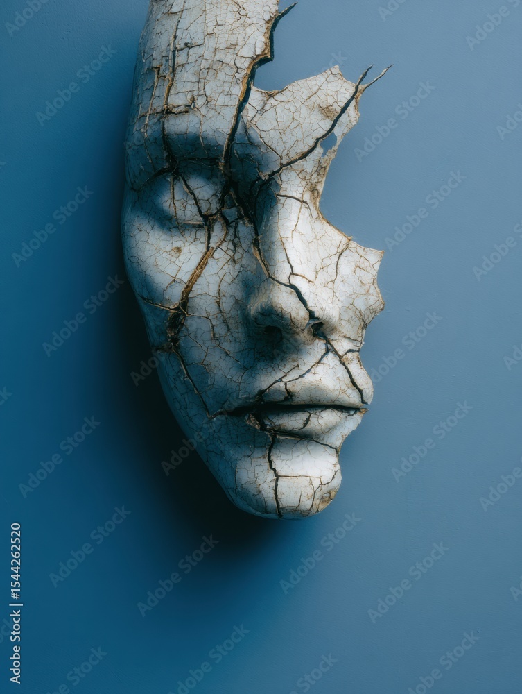 Poster cracked porcelain face with lightning crack set against a plain blue background highlighting fragili