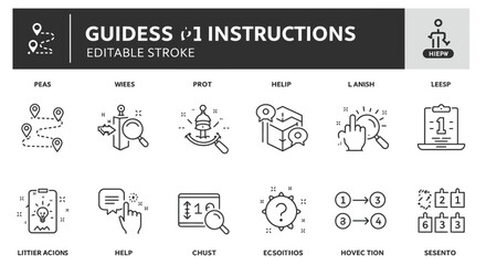 Simple line art icon designs for directions guides and assistance editable stroke