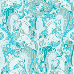 Abstract seamless pattern in shades of blue, with underwater and sea motifs