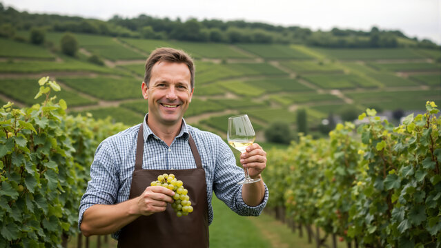 Portrait of a smiling winemaker in a vineyard. Man in an apron holding a glass of white wine and fresh grapes in Luxembourg.