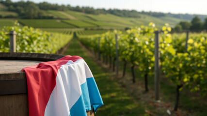 Luxembourg flag on a wooden barrel with a vineyard in the background. Concept for wine tourism and agriculture in Europe.