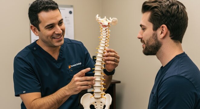 Chiropractor explains spine model to patient in office