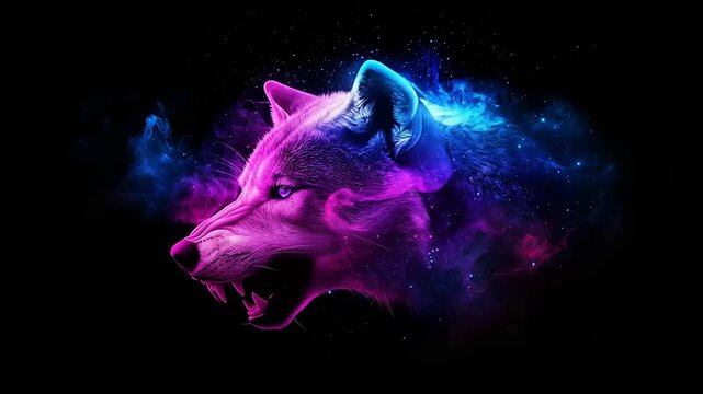 Neon wolf portrait on a black background