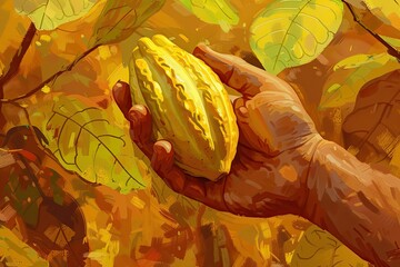 Harvest the Agricultural Cocoa Business Produces Cacao Farmers Hand Holding Yellow Ripe Cocoa Pods