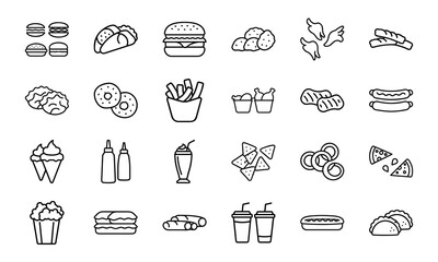 A vector illustration featuring twenty four types of delicious fast food icons in a simple outline style design