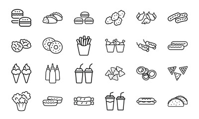 Line art illustration showcasing 24 types of popular fast food icons designed in a clean minimalist style for various design applications