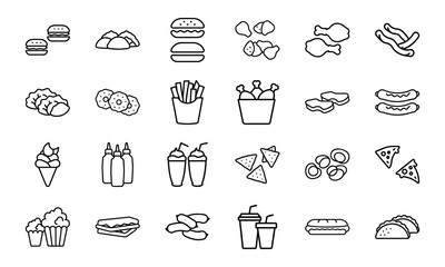 A minimalist black and white line art collection of 24 types of delicious fast food and snack icons