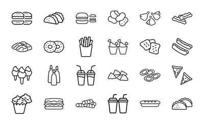 A collection of minimalistic line art illustrations depicting 24 types of popular fast food items