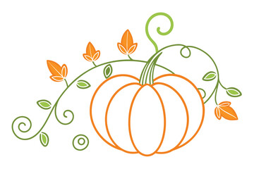 Stylized Pumpkin Outline with Green Vines and Leaves on a White Background