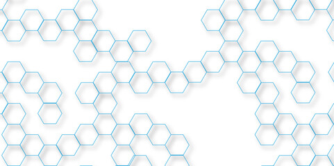 Abstract white background with blue hexagons seamless pattern and geometric in vector design. Futuristic blue neon honeycombs. Modern technology design .Minimal style website banner, decoration .