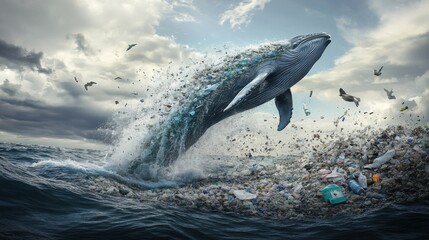 Fototapeta premium A whale jumping out of the ocean, but instead of water, it splashes out a stream of plastic waste, artistic environmental concept, 