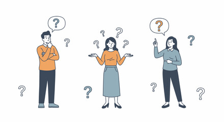 Three People in Thoughtful Poses with Question Marks