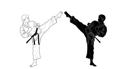 Two Karateka in High-Kick Stance, Black and White Silhouette