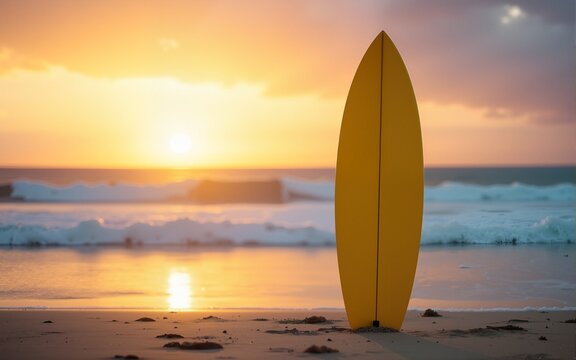Yellow surfboard stands on sandy beach at sunset with ocean waves in background. High quality - Powered by Adobe