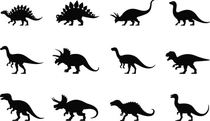 Twelve dinosaur silhouettes arranged in a grid on a light background