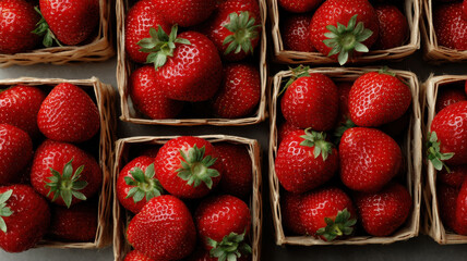 Baskets of freshly picked homegrown strawberries. Top-down view. 