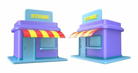 3D store icon with colorful awning and purple building.