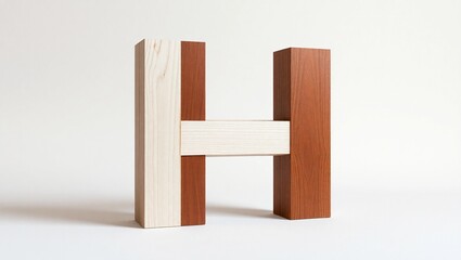 3D Capital Letter H Made from Mixed Woods – Birch and Mahogany with Natural Grain Contrast on Neutral Light Background in Minimal Rustic Studio Scene
