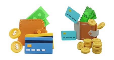 3D illustration of wallets with coins, credit cards, and cash. 