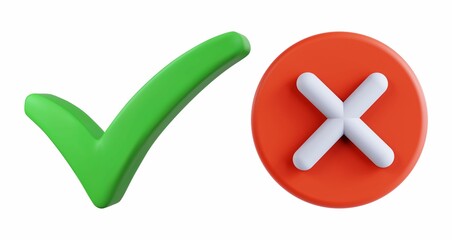 3D illustration of a green check mark and red cross icon. 