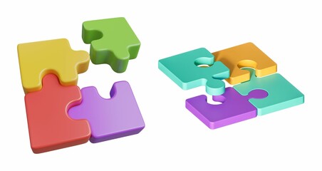 3D rendered jigsaw puzzle pieces, interlocking and separated. 