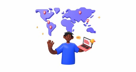 A 3D rendered character with a laptop communicating globally, shown by a world map with location pins.