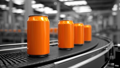 Ultra-realistic 8K high-resolution orange soda can on conveyor belt in soft drink production line factory, arranged neatly at uniform distance with blurred background and shallow depth of field, side 