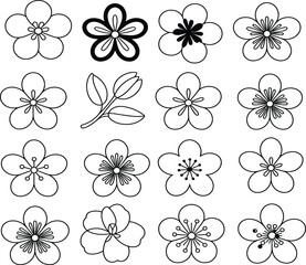 A collection of sixteen outlined flower and bud illustrations in a grid pattern on white background