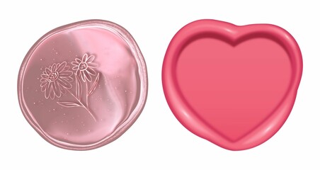 3D rendered pink wax seals, one plain heart-shaped and one round with engraved flowers.