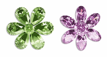 3D rendered crystal flowers in green and purple, sparkling with facets. 