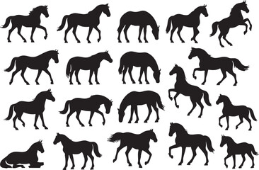 Silhouettes of horses displaying various movements on a white background